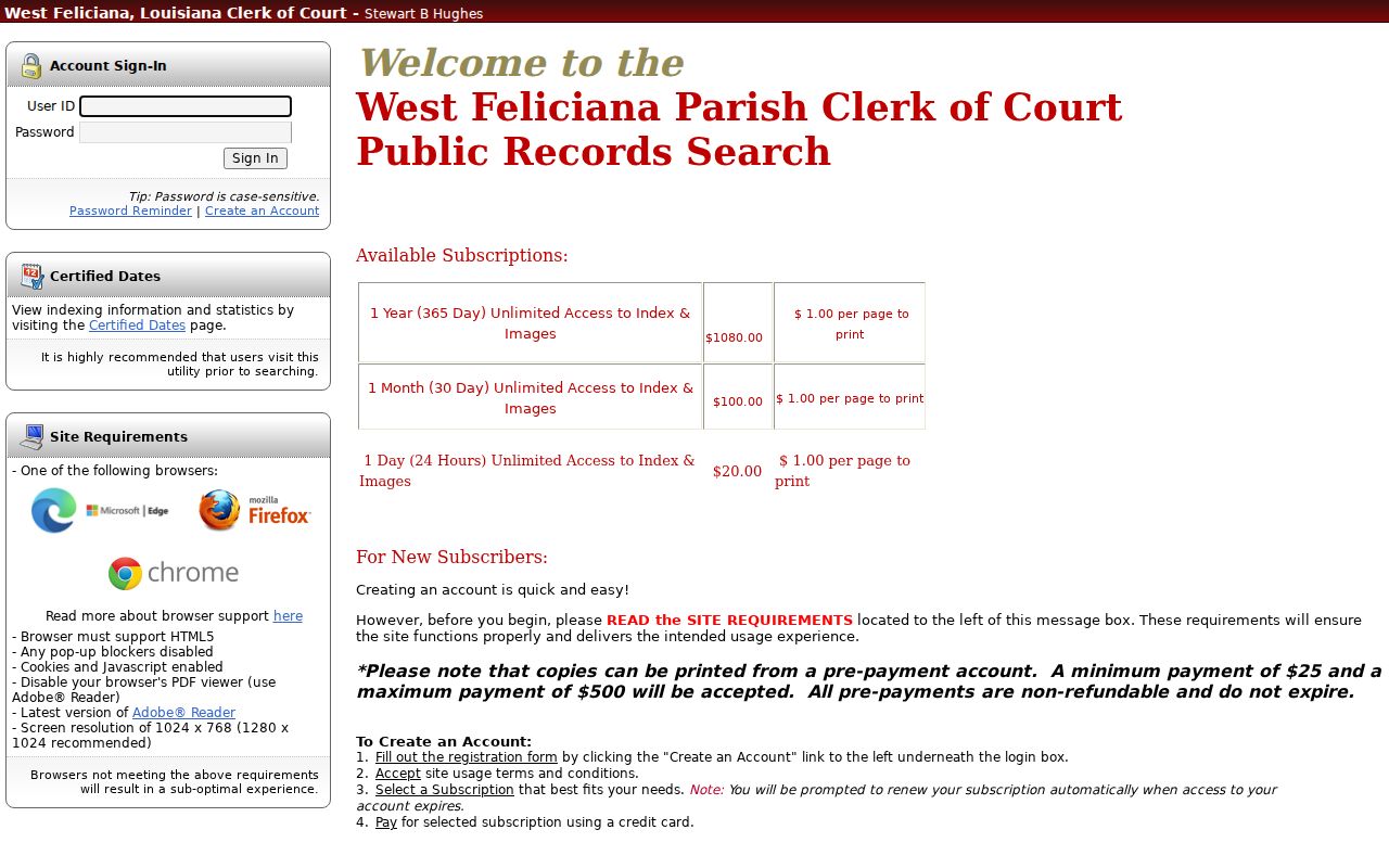 West Feliciana Parish case lookup Cott login and subscription screen
