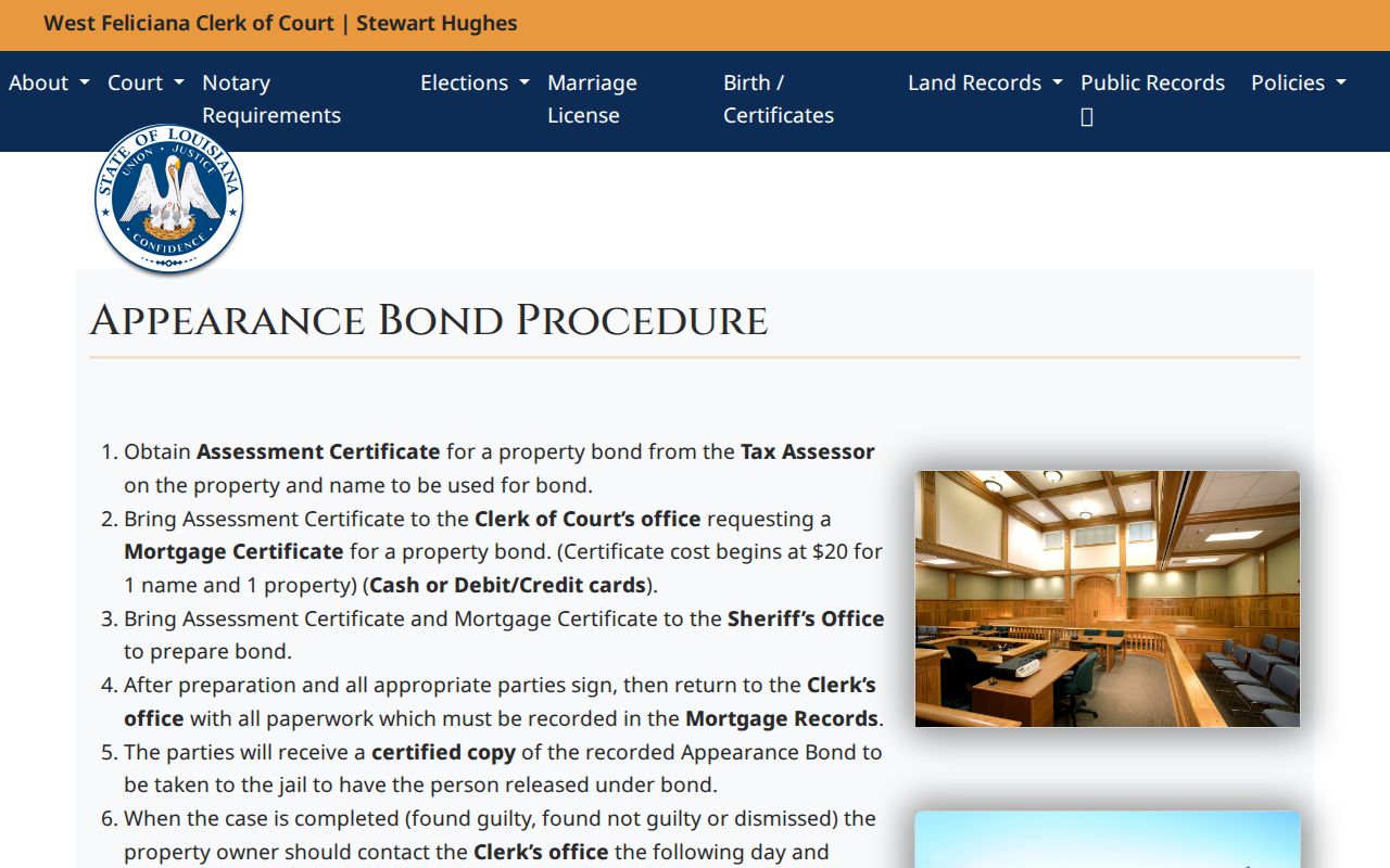 West Feliciana Parish civil docket Clerk appearance bond records procedure
