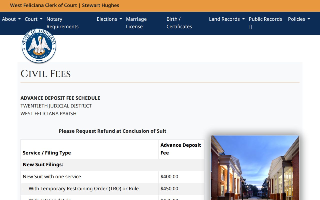 West Feliciana Parish civil docket advance deposit fee schedule