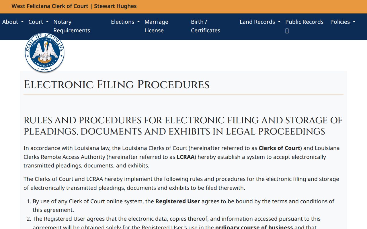West Feliciana Parish civil docket electronic filing procedures