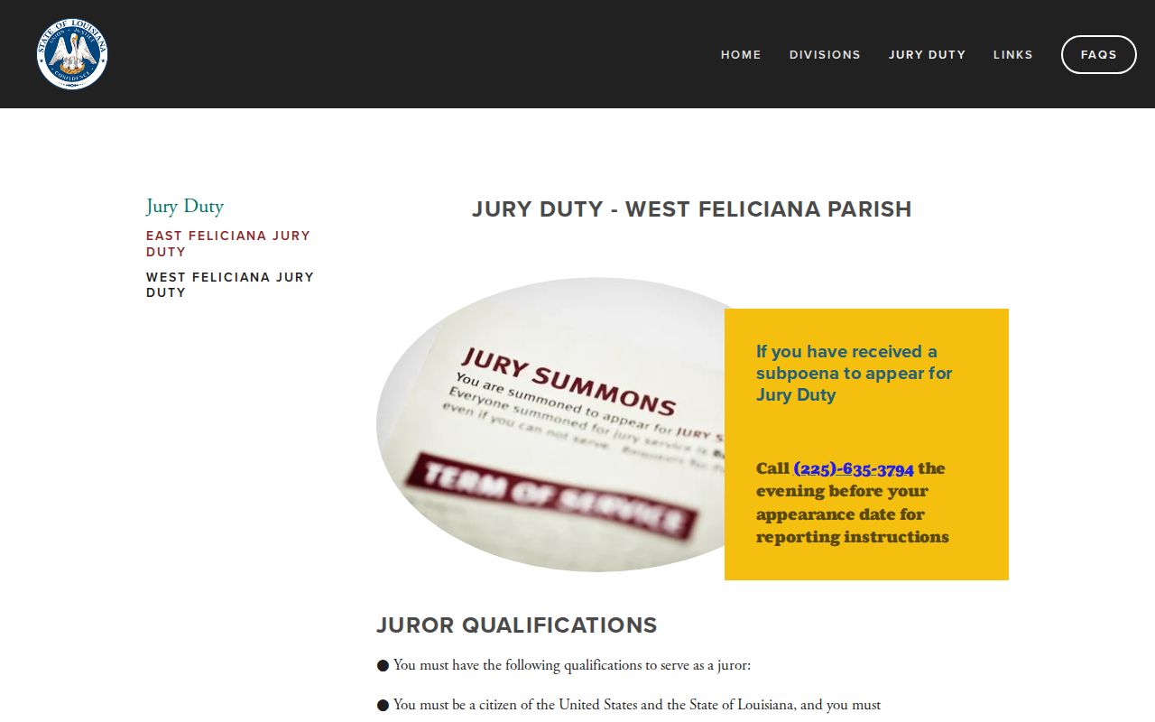 West Feliciana Parish court dates jury reporting instructions