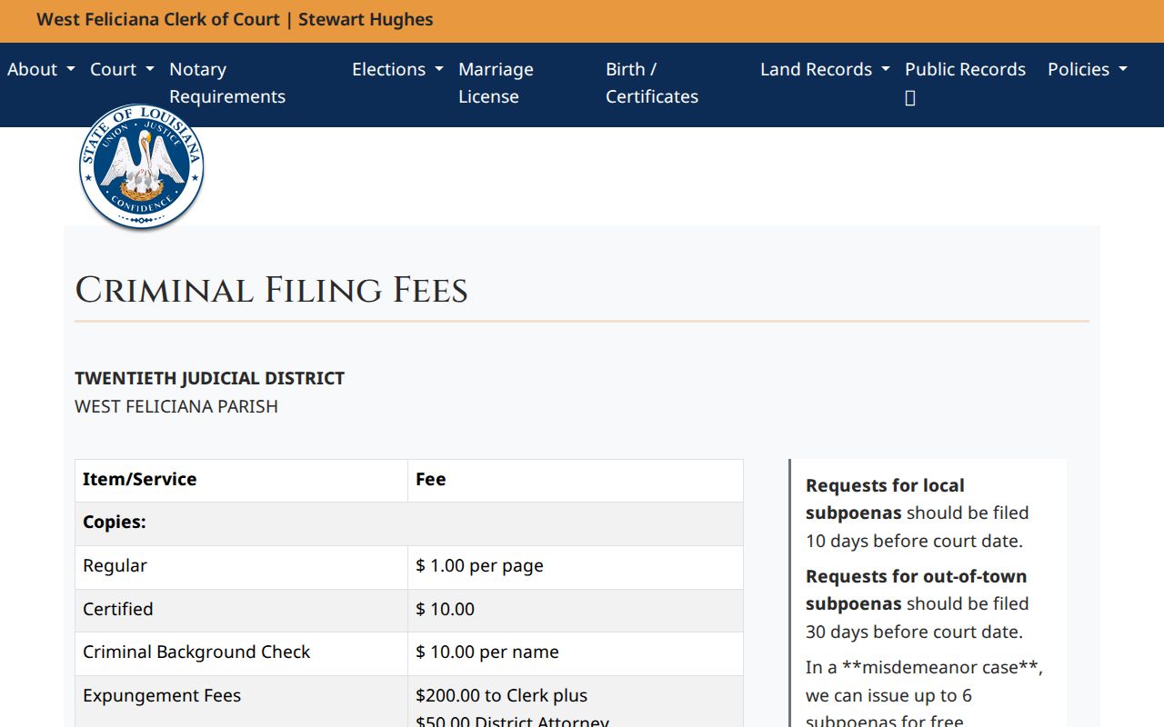 West Feliciana Parish criminal docket Clerk fee schedule
