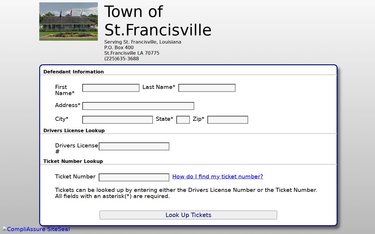 West Feliciana Parish St. Francisville court docket QuickCourt ticket lookup fields